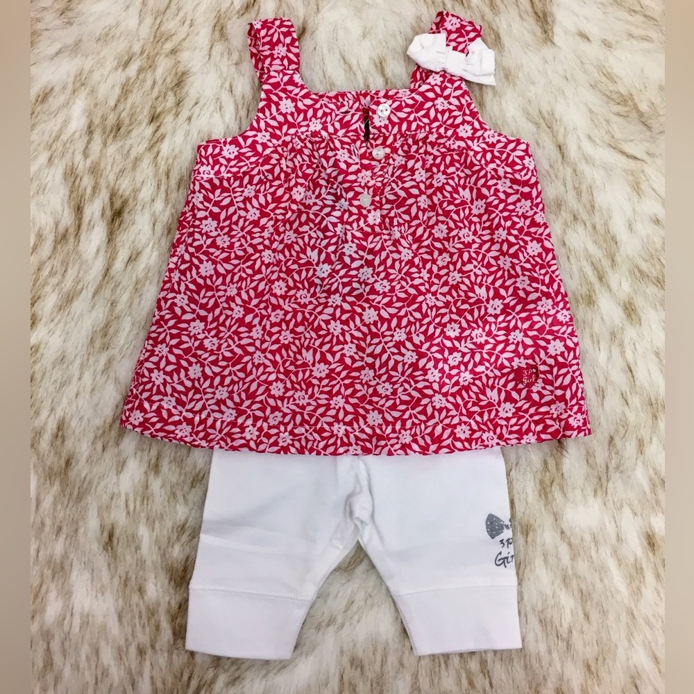 Two piece set with pink floral top and white cropped leggings